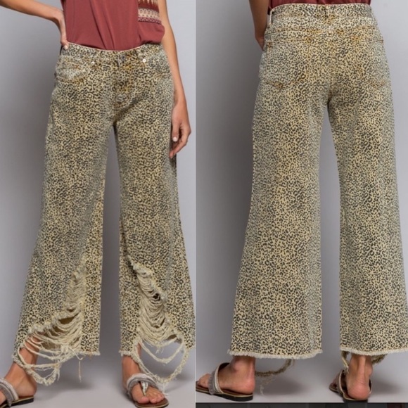 🔥TRENDY LEOPARD WIDE LEG DISTRESSED PANTS - Picture 2 of 6